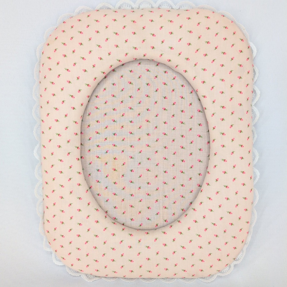 Vintage Rose Padded Fabric Picture Frame Pink Floral Lace Trim Oval Opening